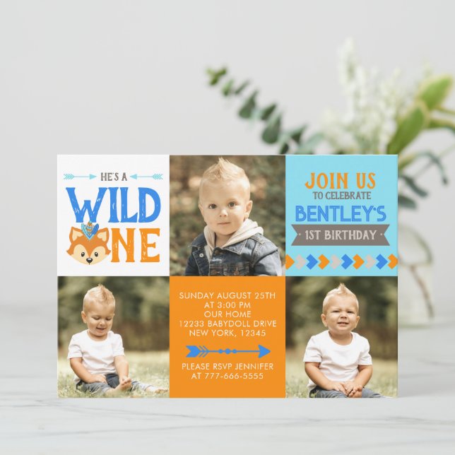 Wild One Fox 3 Foto Erster Geburtstag Einladung (Stehend Vorderseite)