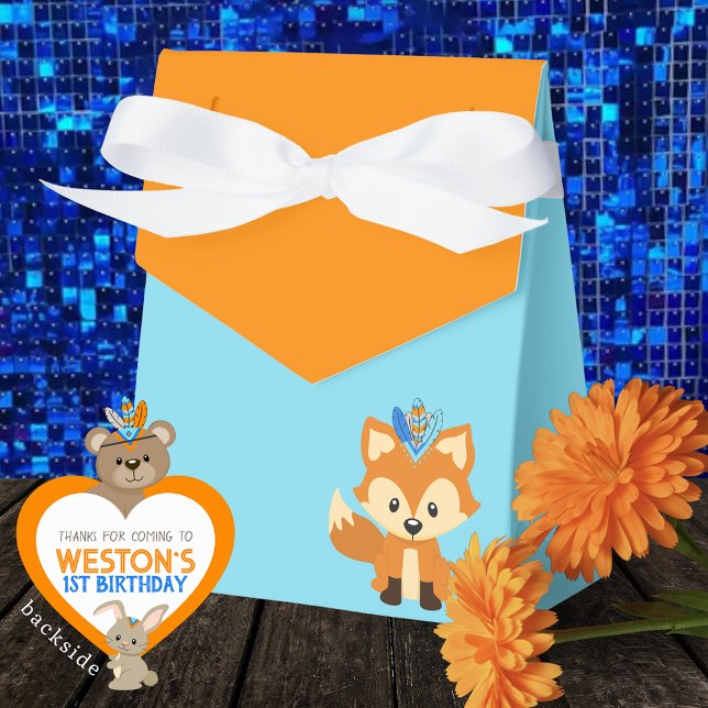 Wild One Fox Baby Blue & Orange Leckerei Fevor Box Geschenkschachtel (One Happy Camper Wild One Forest Fox Favor Boxes in Baby Blue and Orange. Personalized Backside.)