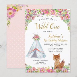 Wild One Fox Tribal Floral 1. Geburtstag Einladung