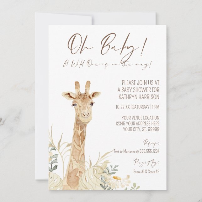 Wild One Giraffe White Floral Gender Neutral Baby Einladung (Vorderseite)