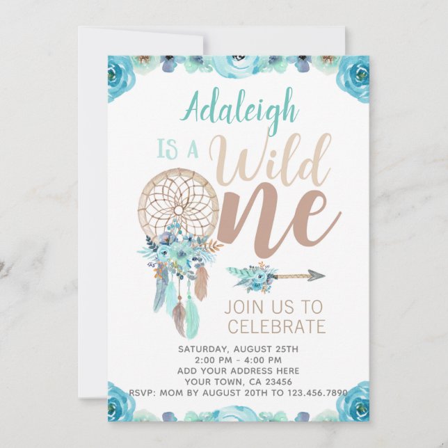 Wild One Girl Birthday Invitation, Dreamcatcher Einladung (Vorderseite)