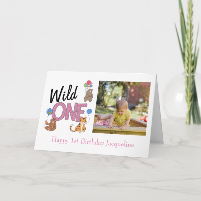 Wild One Girl First Birthday Jungle Animals Foto Karte (Vorderseite)