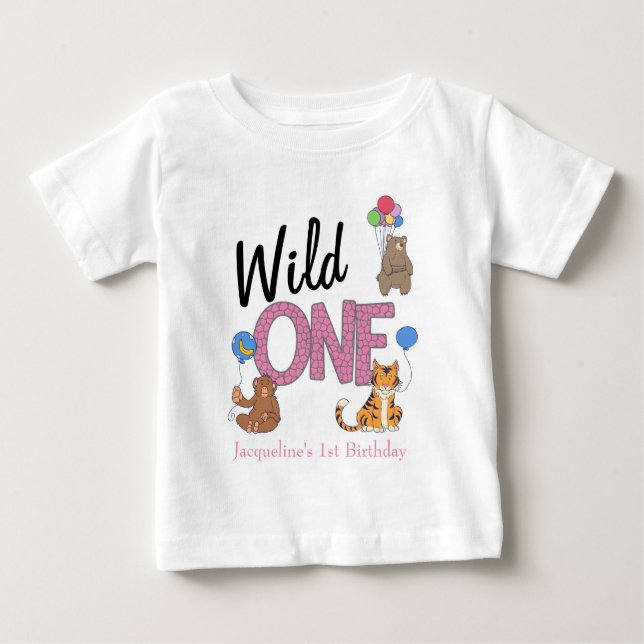 Wild One Girl First Birthday Safari Jungle Animals Baby T-shirt (Vorderseite)