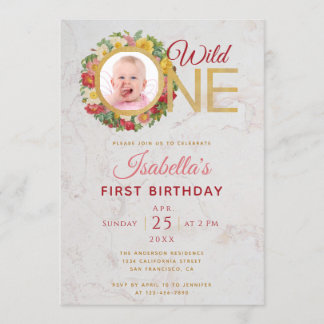Wild One Girl Foto in Rose Wreath Erster Geburtsta Einladung