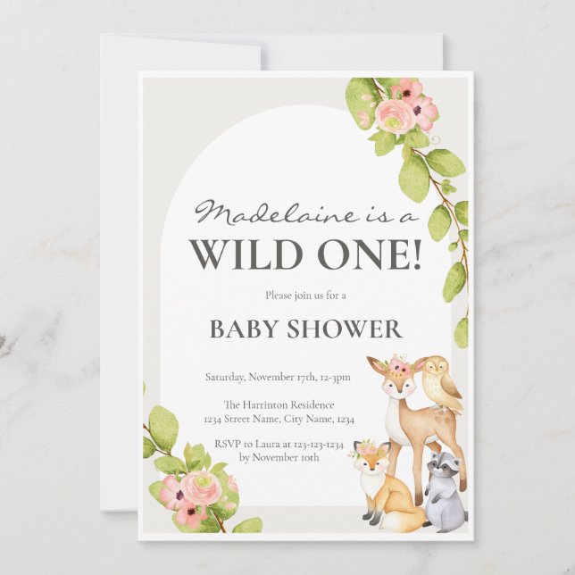 Wild One Girl Woodland Baby shower Invitation (Devant)