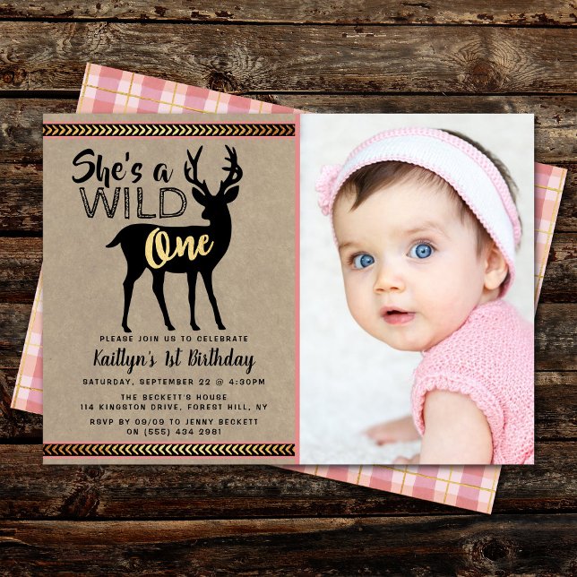 Wild One Girls Photo First Birthday Invitations (Créateur téléchargé)