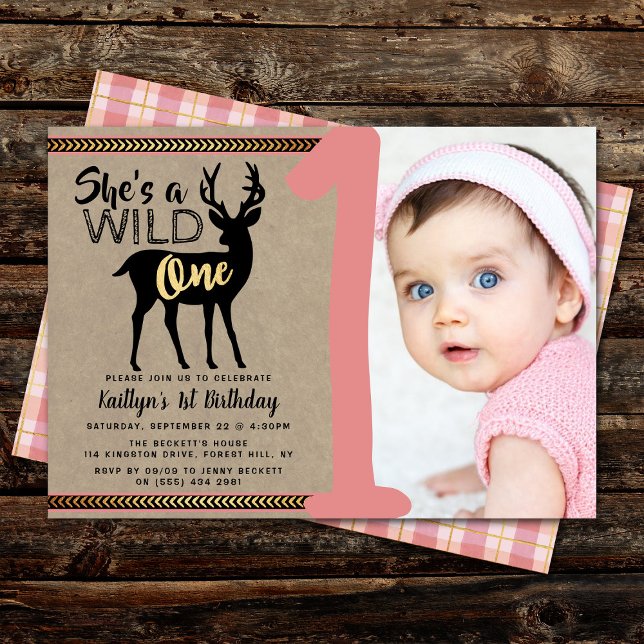Wild One Girls Photo First Birthday Invitations (Créateur téléchargé)