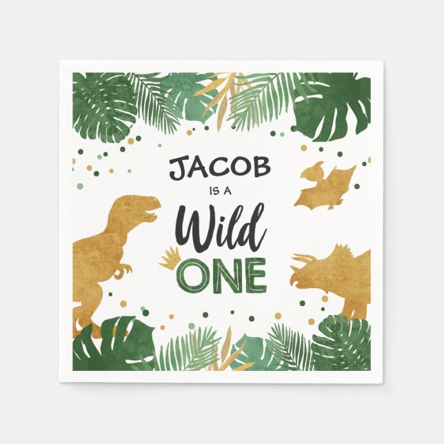 Wild One Gold Dinosaur Boy Birthday Safari Serviette (Vorderseite)