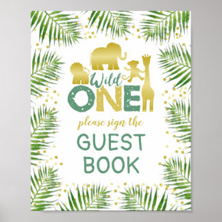 Wild One Gold Safari Baby Shower Guest Book Sign Poster