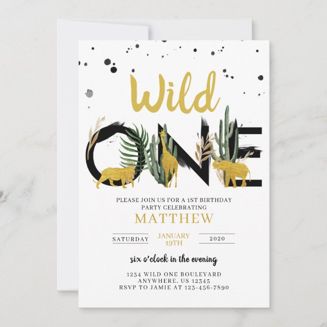 Wild One Gold Safari Invitation d'anniversaire (Devant)
