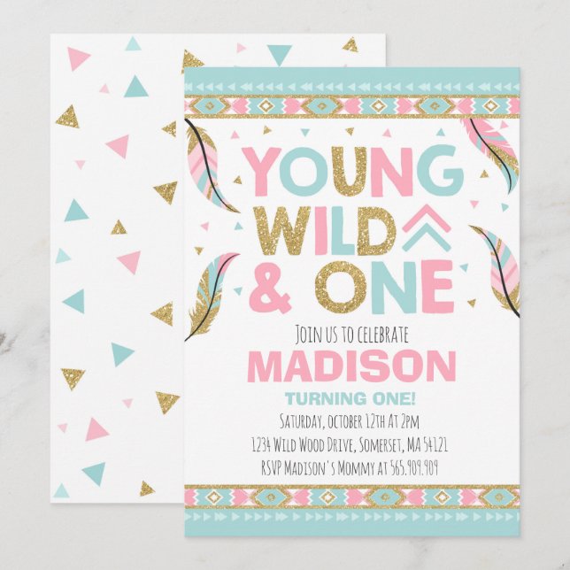 Wild One Invasion Boho Feather Wild ein Party Einladung (Vorne/Hinten)