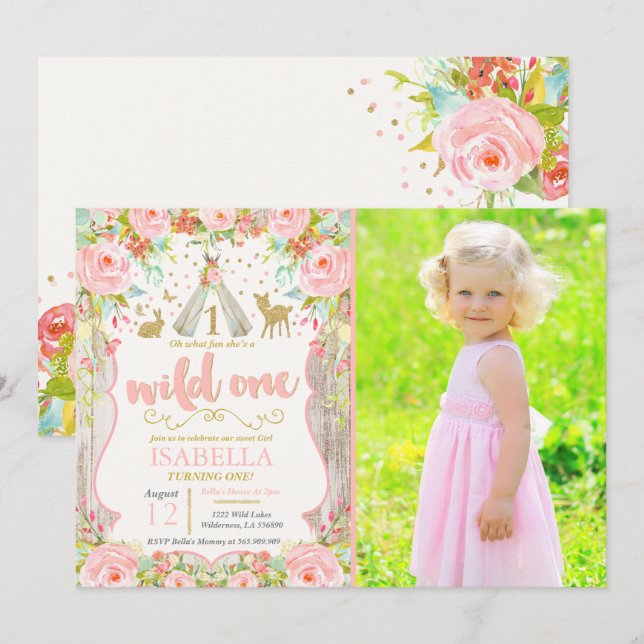 Wild One Invitation Girl Wild 1. Geburtstag Einladung (Vorne/Hinten)