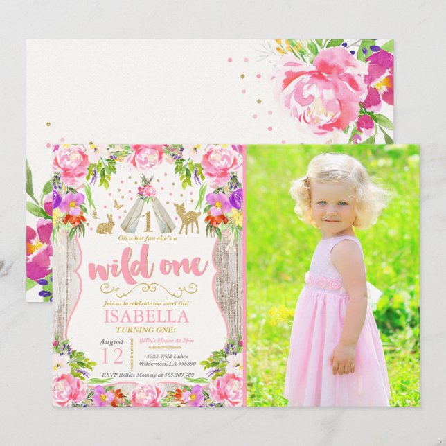 Wild One Invitation Girl Wild One 1er anniversaire (Devant / Derrière)