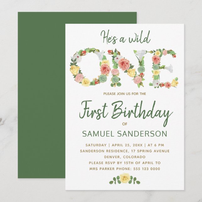 Wild ONE Junge Blumentypografie Drehbuch 1. Geburt Einladung (Vorne/Hinten)