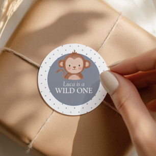 Wild One Jungen-Safari Blau Affe Geburtstag Runder Aufkleber