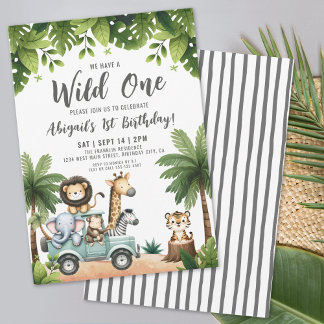Wild One Jungle Animals Safari 1. Geburtstag Party Einladung