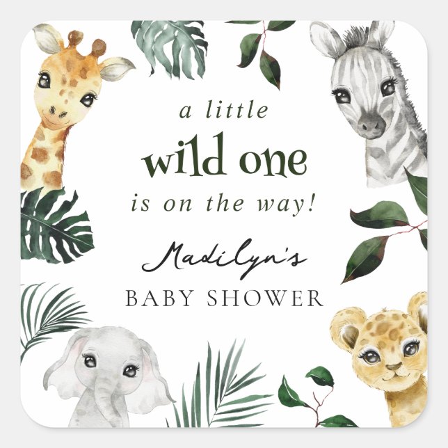 Wild One Jungle Baby Dusche Quadratischer Aufkleber (Vorderseite)