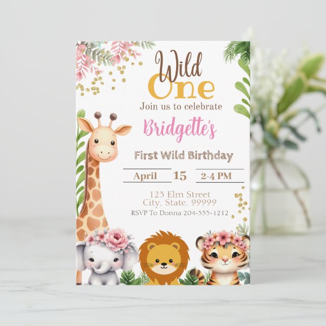 Wild One Jungle Birthday Girl Einladung (Stehend Vorderseite)