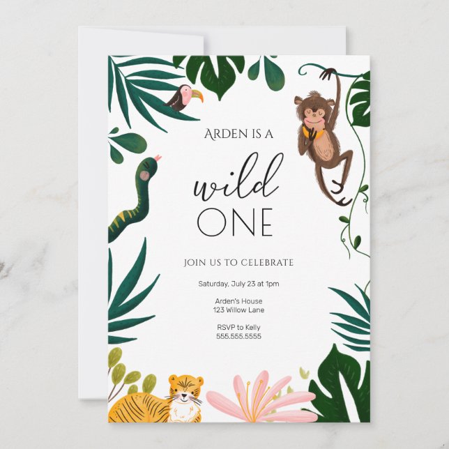 Wild One Jungle Erster Geburtstag Einladung (Vorderseite)