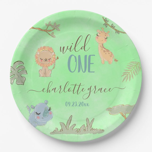 Wild One Jungle Friends Blue Brown Erster Geburtst Pappteller (Vorderseite)