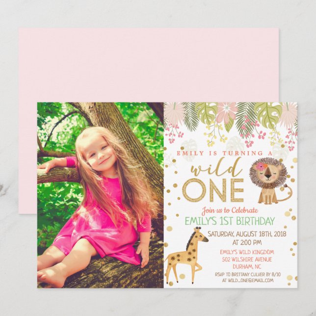 WILD ONE Jungle Girl Einladung zum 1. Geburtstag (Vorne/Hinten)