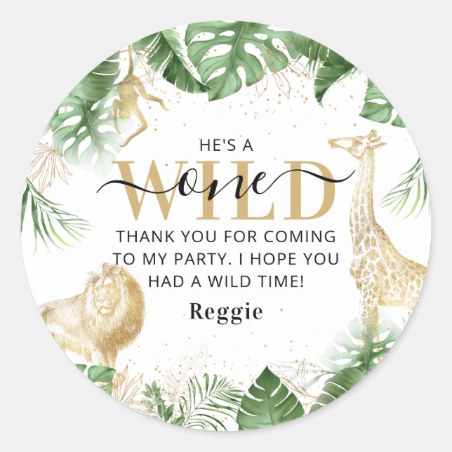 Wild One Jungle Greenery & Gold Vielen Dank zum Ge Runder Aufkleber (Vorderseite)