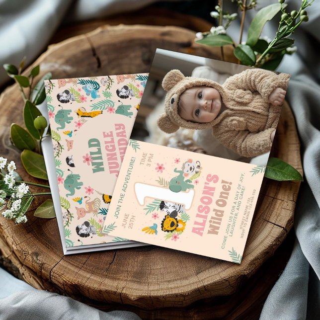 Wild One Jungle Party für Baby Girl mit Foto Einladung (Von Creator hochgeladen)