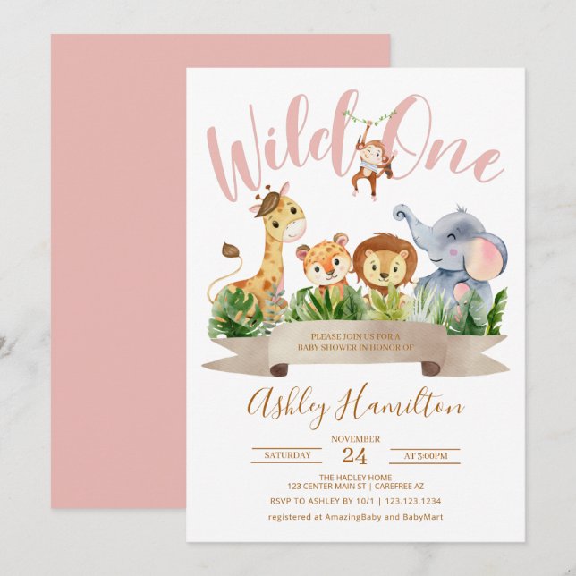 Wild One Jungle Pink Baby Dusche Einladung (Vorne/Hinten)