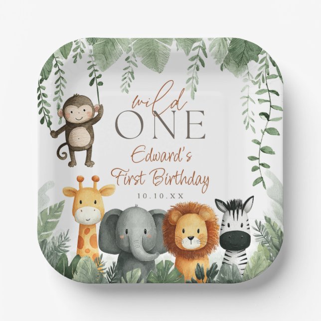 Wild One Jungle Safari 1st Birthday Pappteller (Vorderseite)