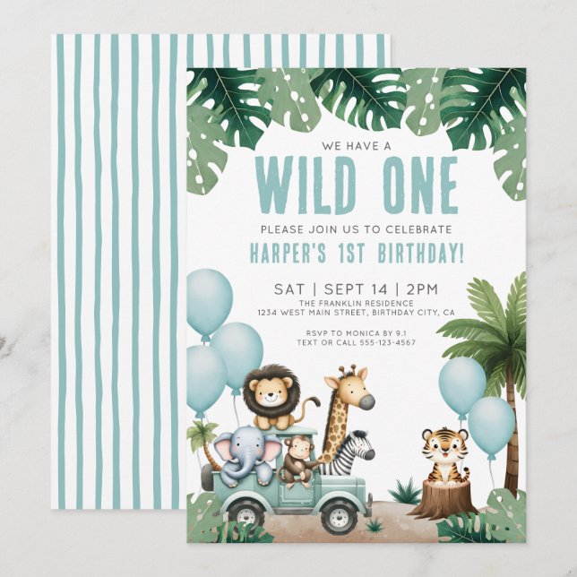 Wild One Jungle Safari 1st Birthday Party Einladung (Vorne/Hinten)