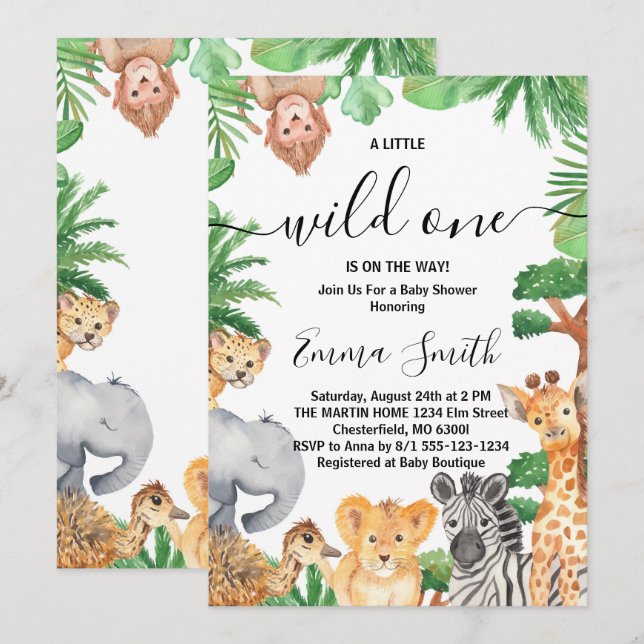 Wild One Jungle Safari Animals Baby Shower Einladung (Vorne/Hinten)
