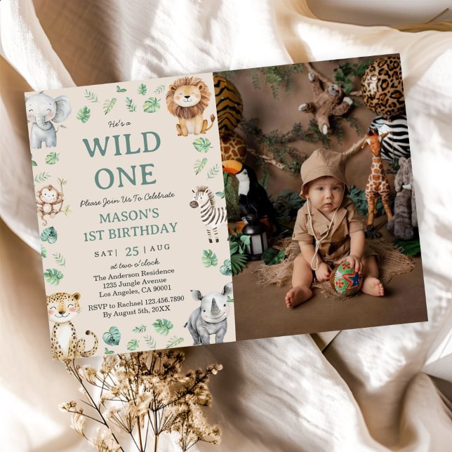 Wild One Jungle Safari Animals Birthday Photo Einladung (Von Creator hochgeladen)