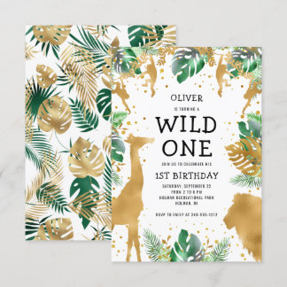 Wild One Jungle Safari Gold Green 1. Geburtstag Einladung