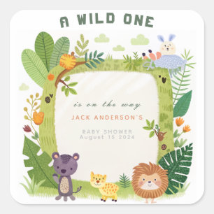 Wild One Jungle Safari Green Baby Boy Baby Shower Quadratischer Aufkleber