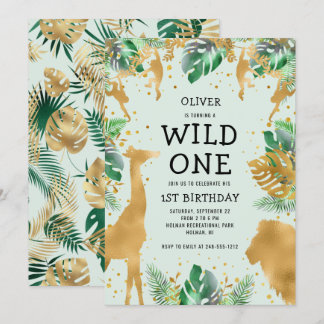 Wild One Jungle Safari Green Gold 1. Geburtstag Einladung