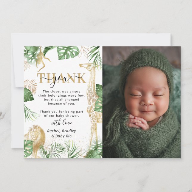 Wild One Jungle Safari Greenery Baby Shower Foto Dankeskarte (Vorderseite)