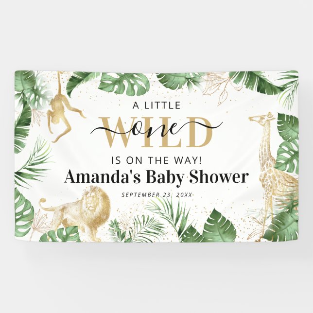 Wild One Jungle Safari Grüne & Gold Baby Dusche Banner (Horizontal)