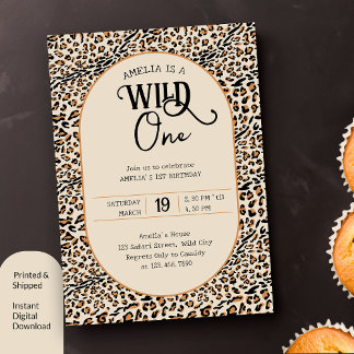 Wild One Leopard Print Neutral 1. Geburtstag Einladung