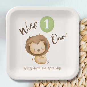 Wild One Lion Sage Green Balloon Junge 1. Geburtst Pappteller
