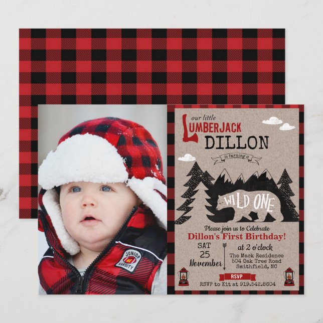 Wild One Lumberjack 1er anniversaire Invitation (Devant / Derrière)