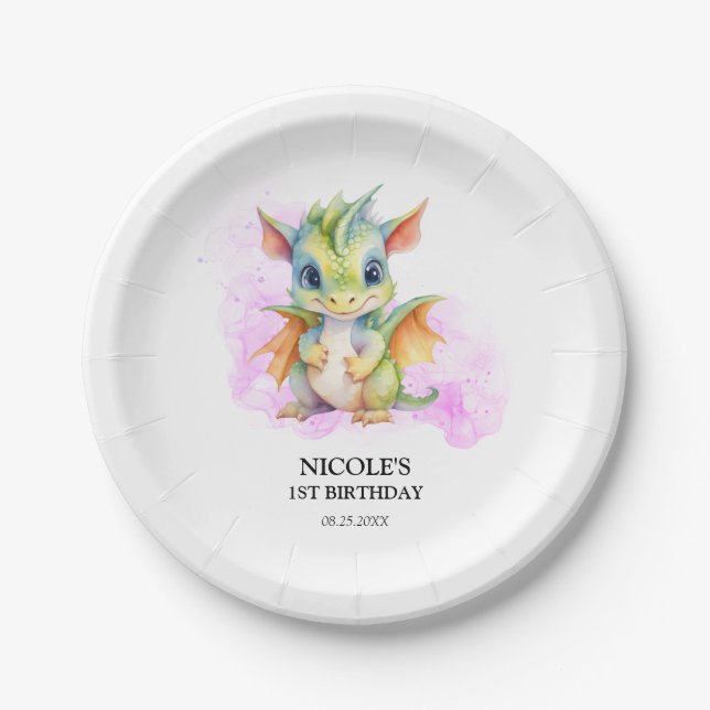 Wild One Niedlich Baby Dragon Fairytale 1. Geburts Pappteller (Vorderseite)