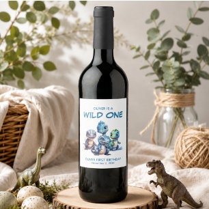 Wild One Niedlich Dinosaur Erste Geburtstagsparty Weinetikett