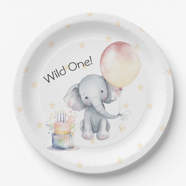 Wild One Niedlich Elephant Balloon Cake 1. Geburts Pappteller (Vorderseite)