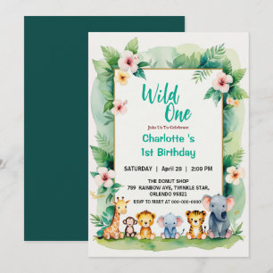 Wild One Niedlich Jungle Animal Child's 1. Geburts Einladung
