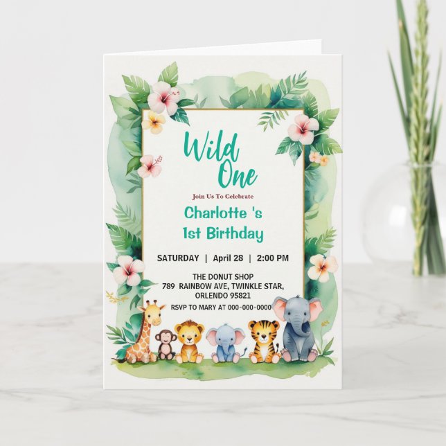 Wild One Niedlich Jungle Animal Child's 1. Geburts Einladung (Vorderseite)