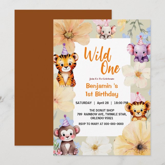 Wild One Niedlich Jungle Animal Child's 1. Geburts Einladung (Vorne/Hinten)