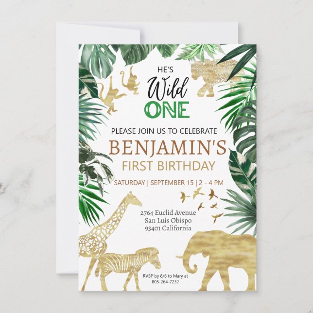 Wild One Niedlich Jungle Animal Child's 1. Geburts Einladung (Vorderseite)