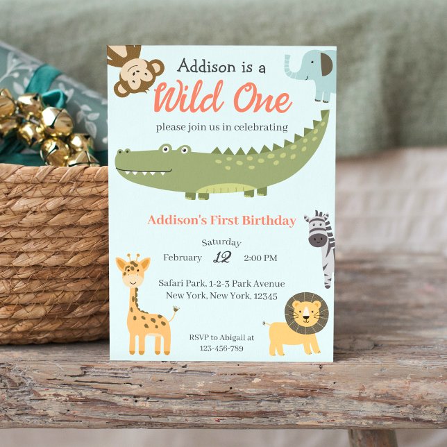 Wild One Niedlich Safari Animals 1. Geburtstag Einladung (Wild One African Safari Animals 1st Birthday Party Invitation)