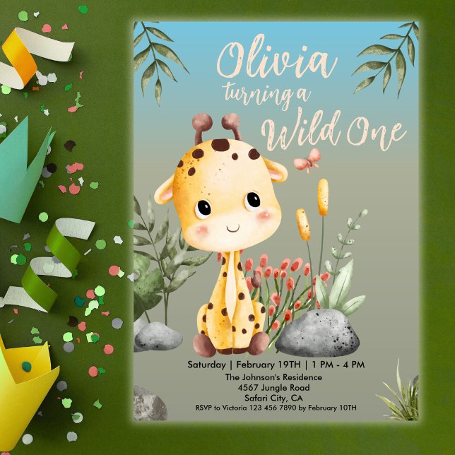 Wild One Niedliche Giraf Safari Tiere 1. Geburtsta Einladung (Von Creator hochgeladen)