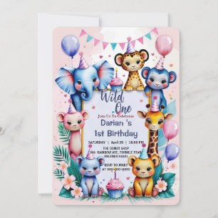 Wild One Niedlicher Tiere Ballon Kinder 1. Geburts Einladung